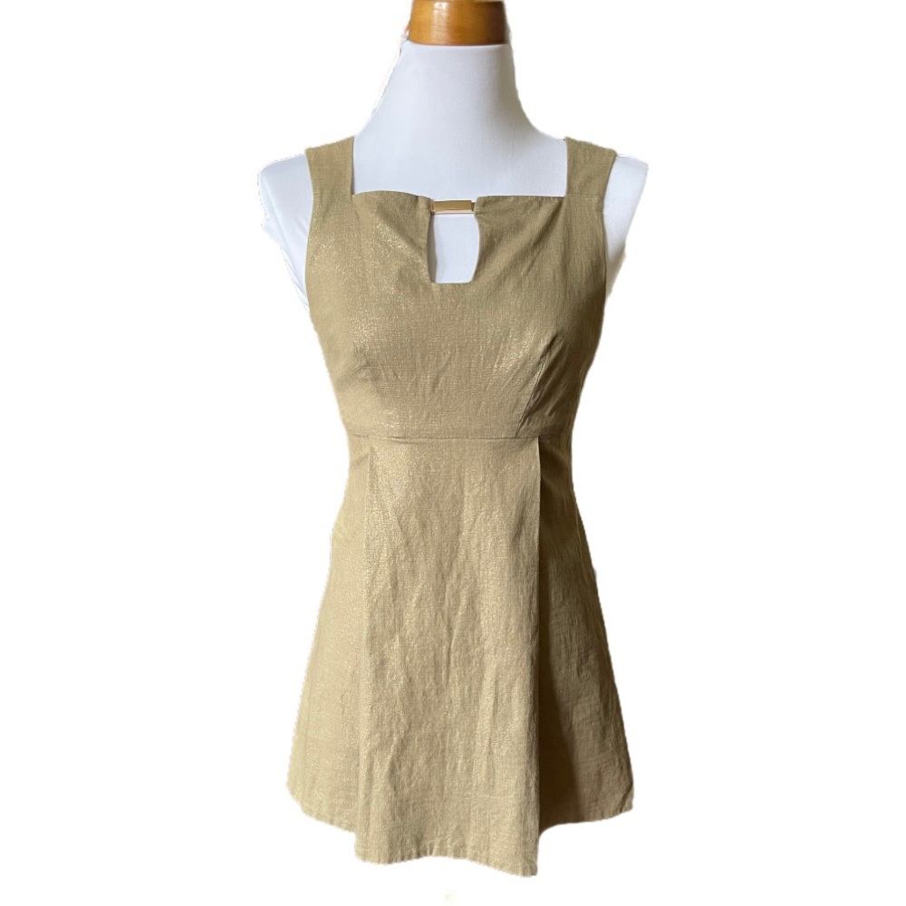 SPENSE Gold Fit & Flare Dress w/ Metal Bar Closure